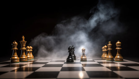 Chess board game concept of business ideas and competition and strategy ideas concep. Chess figures on a dark background with smoke.の素材