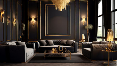 Luxury living room interior with black sofa and gold chandelier - renderingの素材