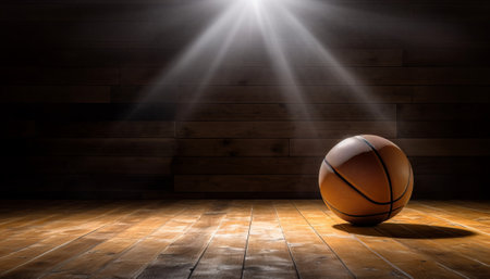 Basketball ball on wooden floor with spotlights. 3D renderingの素材