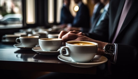 Close up of a group of business people having coffee in a cafeの素材