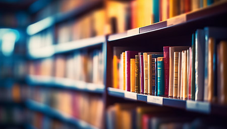 Bookshelf with books in the library. Selective focus.の素材