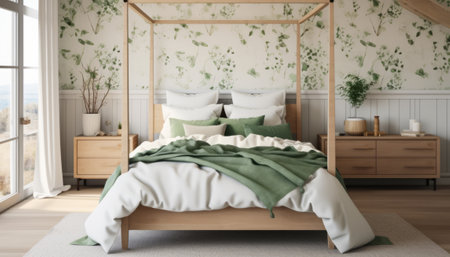 Stylish bedroom interior with wooden bed and green bedclothes. 3d renderingの素材