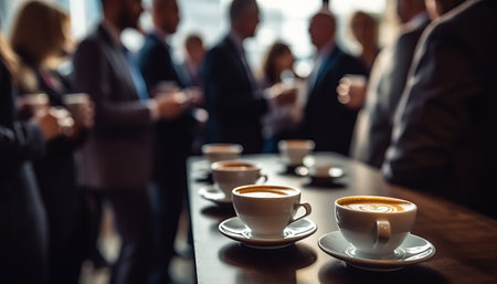 Coffee cups on table with blurred businesspeople in background.の素材