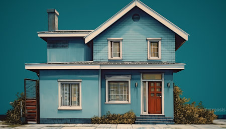 3d render of a house with blue walls and a wooden doorの素材