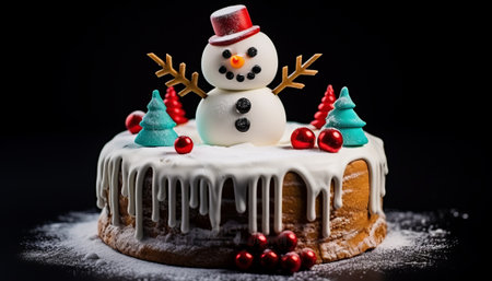 Christmas cake with snowman and snowflakes on a black backgroundの素材