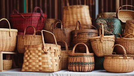 Wicker baskets for sale at a market. Baskets in different colors.の素材