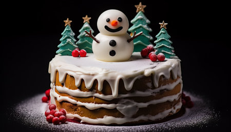 Christmas cake with snowman and fir trees on a black background, closeupの素材