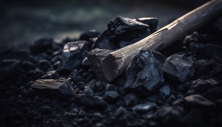 Wooden axe and coal in the mine. Selective focus.の素材