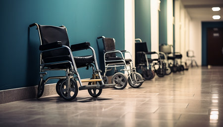 Wheelchairs in hospital corridor. Health care and medical concept. Selective focus.の素材