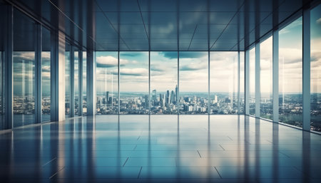 3d rendering of modern office interior with panoramic city viewの素材