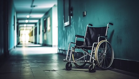 Wheelchair in a hospital corridor. Selective focus. Toned.の素材