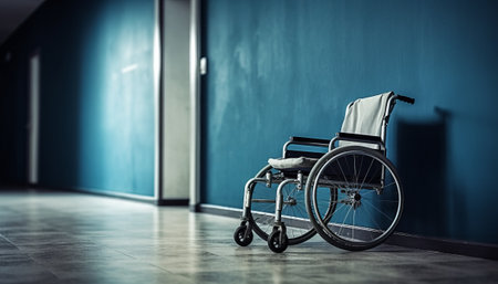 Empty wheelchair in the hospital corridor. 3d rendering toned imageの素材