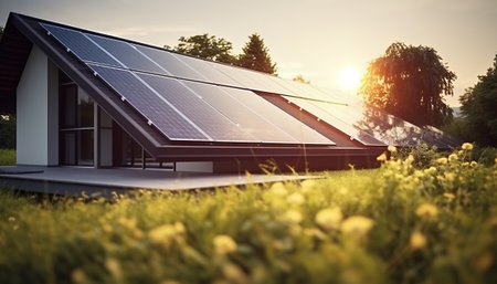 Solar panels installed on the roof of a house. Alternative energy source.の素材