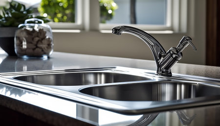 Modern stainless steel faucet on the countertop in modern kitchenの素材