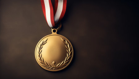 Gold medal with red ribbon on dark background. Top view with copy spaceの素材
