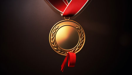 Gold medal with red ribbon on dark background. 3D illustration.の素材