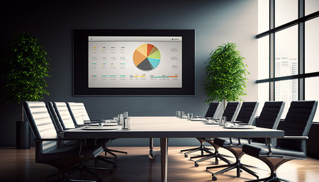 Modern conference room interior with equipment and city view. 3D Renderingの素材