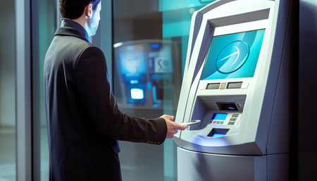 Businessman using automated teller machine to withdraw money from the ATMの素材