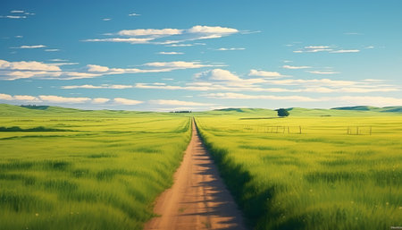 Beautiful spring landscape with road and blue sky. 3d renderingの素材
