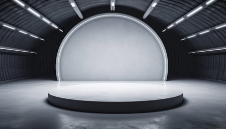 Abstract empty room with concrete floor and round podium. 3D Renderingの素材