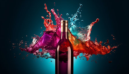 Bottle of red wine with colorful splashes on dark blue backgroundの素材