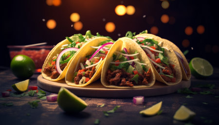 Mexican tacos with beef and vegetables on wooden background. Toned.の素材