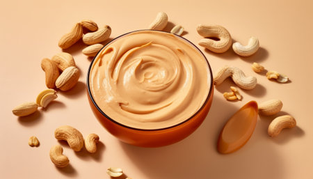 Peanut butter in a bowl with nuts on a beige backgroundの素材