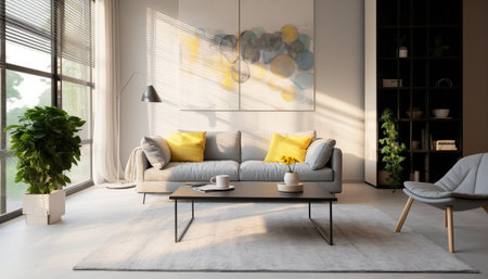 Modern living room interior design. 3d render illustration mock up.の素材