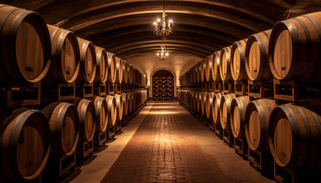 Wine barrels stacked in the cellar of the winery, vintage styleの素材