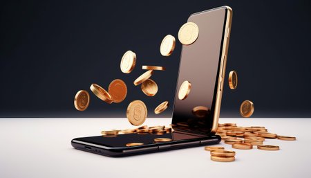 Smartphone with falling gold coins on the table. 3D Renderingの素材