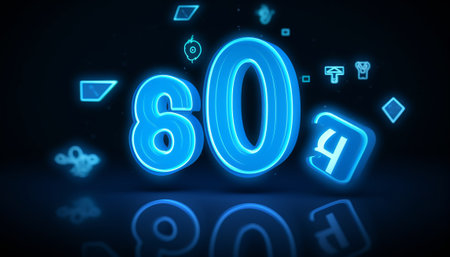 80 percent neon blue glowing icon on dark background with geometric shapes 3D renderingの素材
