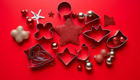 Christmas decoration on a red background. Top view. Flat lay.の素材