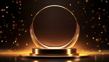 Golden round podium on black background. Realistic 3d vector illustrationの素材