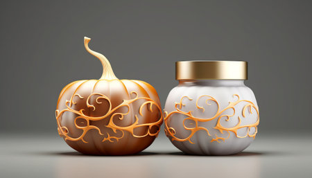 Halloween pumpkins and glass jar with golden pattern on gray backgroundの素材
