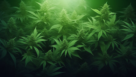 Cannabis sativa background. Green leaves of marijuana. Growing cannabis indica. Medical marijuana.の素材