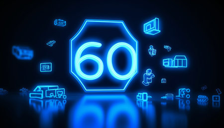 Glowing blue 60 percent icon on dark background with blurred icons 3D renderingの素材