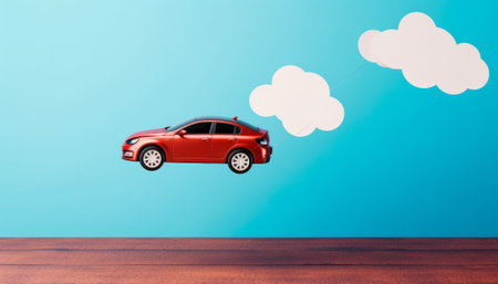 Red car with cloud on blue background. Transport and insurance concept.の素材