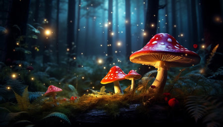 Fantasy forest with fly agaric mushrooms in moss and lightsの素材