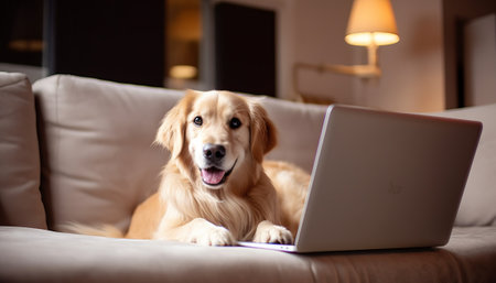 Cute Golden Retriever dog with laptop on sofa at homeの素材