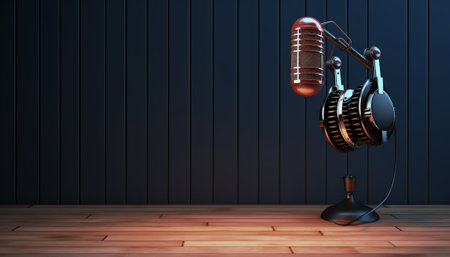 3d rendering of a microphone and headphones on a wooden floor.の素材