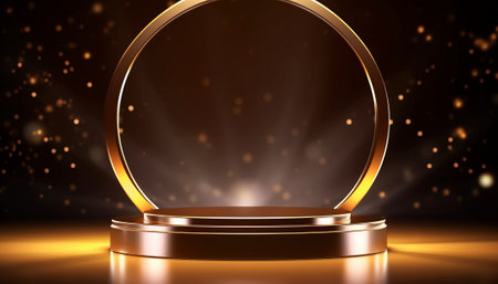 Round podium illuminated with spotlight. Award ceremony concept. Stage backdrop. Vector illustrationの素材
