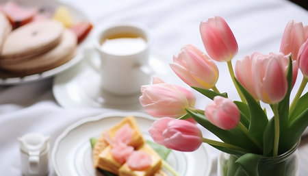 Breakfast in bed with tulips, cookies and cup of teaの素材