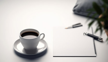 Coffee cup and notepad on white table, closeupの素材