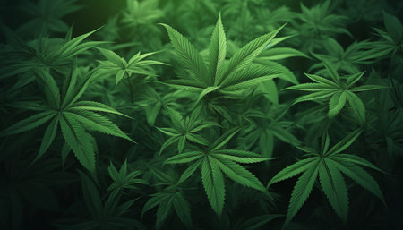 Cannabis background. Green leaves of marijuana close-up.の素材