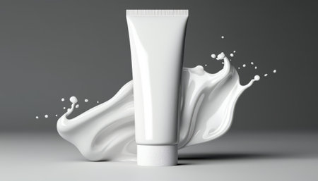 White cosmetic tube mockup with splashes of white paint. 3D renderingの素材