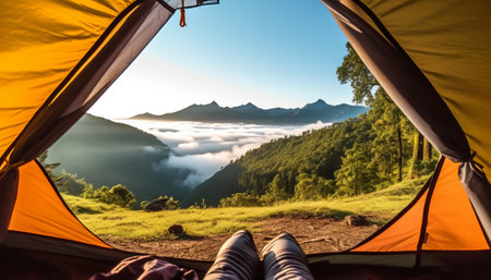 Camping in the mountains with a view of the sea of fog.の素材