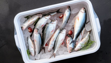 Fresh sardines on ice in plastic box, top view.の素材
