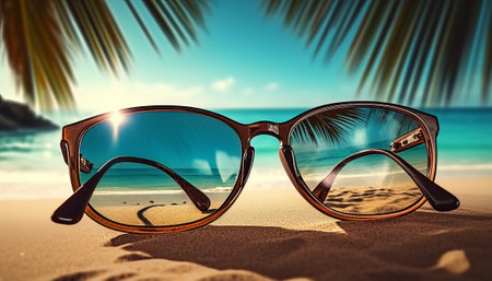Sunglasses on the beach with palm leaves. 3d renderingの素材