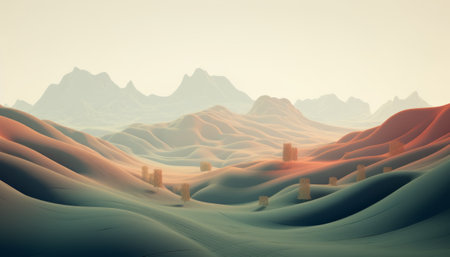 Abstract 3d illustration of a desert landscape with mountains and rocks.の素材