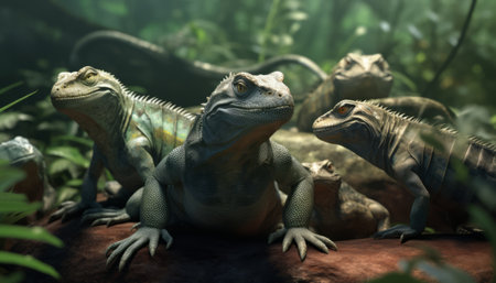 Three iguanas on a rock in the forest. 3d renderingの素材